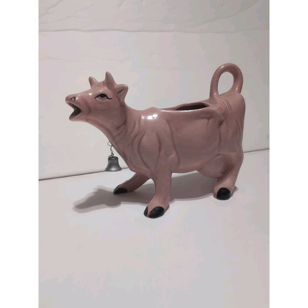Pink Ceramic Cow Creamer Figurine with Bell Vintage Collectible Glazed Retro
